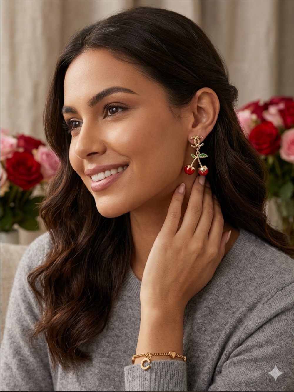Gold Cherry Drop Earrings with Red Enamel